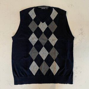 Nautica Vtg Grandpa Diamond Print 100% Cotton Knit V Neck Vest Navy Grey Sz L